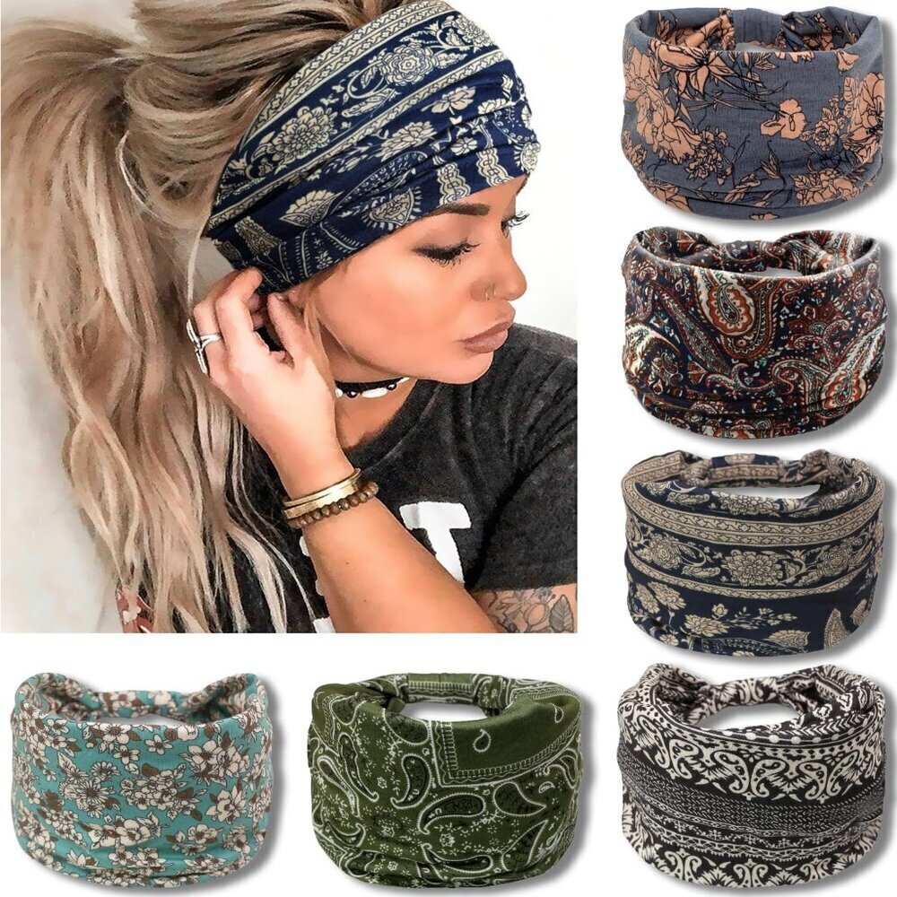 Boho Wide Head Wraps for Women, 6-Pack Knotted Turbans